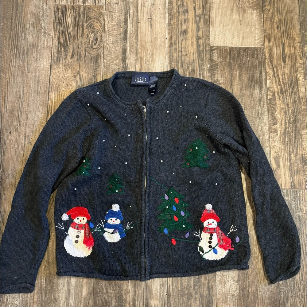 Vintage 1990s Crazy Horse Snowman Mittens‎ Christmas Granny Teacher Cardigan M